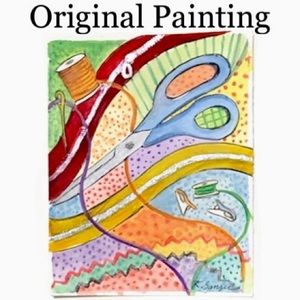 HAND CRAFTED Original Mixed media Watercolor & Acrylic “Sew Fun” Expressionist